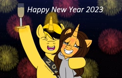 Size: 4040x2602 | Tagged: safe, artist:small-brooke1998, oc, oc:brooke, alicorn, pony, unicorn, alcohol, alicorn oc, bumblebee (transformers), champagne, champagne glass, fireworks, happy new year, holiday, horn, irl sona, me, special, transformers, unicorn oc, wine