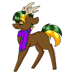 Size: 1303x1392 | Tagged: safe, artist:bluebellrosethepony, oc, oc only, oc:vladimir black, deer, deer pony, hybrid, original species, pony, antlers, clothes, offspring, parent:oc:bada nevada, parent:oc:vermont black, parents:oc x oc, scarf, simple background, slender, smiling, solo, standing, thin, transparent background