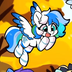 Size: 821x823 | Tagged: safe, artist:oofycolorful, oc, oc only, oc:dashwhite, pegasus, pony, flying, open mouth, open smile, pegasus oc, smiling, solo, spread wings, wings