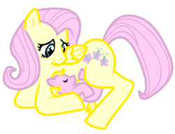 Size: 413x317 | Tagged: safe, artist:wilow, fluttershy, pegasus, pony, g4, caring, duo, female, fluttermom, foal, folded wings, looking down, lying down, mare, mother and child, motherly, prone, simple background, smiling, white background, wings