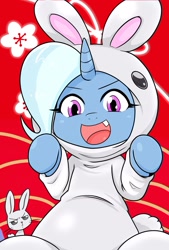 Size: 1378x2039 | Tagged: safe, artist:batipin, angel bunny, trixie, pony, unicorn, g4, angel bunny is not amused, animal costume, bunny costume, clothes, costume, open mouth, red background, simple background, solo focus, unamused