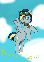 Size: 2480x3508 | Tagged: safe, artist:cookie dough, oc, oc:thunder cloud, pegasus, pony, bandana, flying, goggles, high res, multicolored hair, pegasus oc, solo