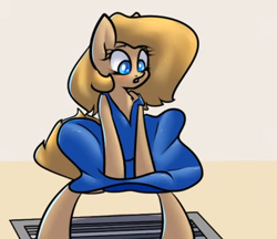 Size: 480x415 | Tagged: safe, artist:slavedemorto, edit, oc, oc only, oc:backy, earth pony, pony, bipedal, blue dress, clothes, cropped, dress, earth pony oc, female, mare, marilyn monroe, skirt blow, the seven year itch