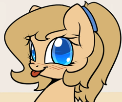 Size: 480x399 | Tagged: safe, artist:slavedemorto, edit, oc, oc only, oc:backy, earth pony, pony, alternate hairstyle, blushing, cropped, earth pony oc, female, looking at you, mare, ponytail, tongue out