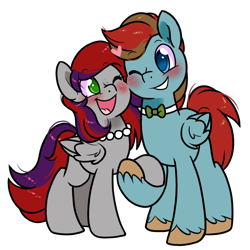 Size: 1300x1300 | Tagged: safe, artist:paperbagpony, oc, oc only, oc:evening prose, oc:globetrotter, pegasus, pony, 2023 community collab, derpibooru community collaboration, blushing, duo, heart, holding hooves, jewelry, necklace, necktie, open mouth, open smile, pearl necklace, pegasus oc, simple background, smiling, transparent background, unshorn fetlocks