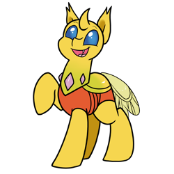 Size: 1300x1300 | Tagged: safe, artist:paperbagpony, oc, oc only, oc:ren the changeling, changedling, changeling, 2023 community collab, derpibooru community collaboration, changedling oc, changeling oc, open mouth, open smile, raised hoof, simple background, smiling, solo, transparent background, yellow changeling