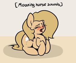 Size: 800x662 | Tagged: safe, artist:slavedemorto, edit, oc, oc only, oc:backy, earth pony, pony, blushing, cropped, descriptive noise, earth pony oc, eyes closed, female, horse noises, lying down, mare, moaning, open mouth, prone, text