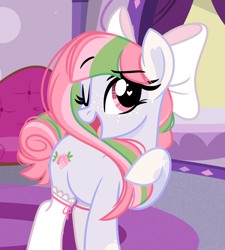 Size: 2016x2239 | Tagged: safe, artist:emberslament, oc, oc only, oc:strawberry blush, earth pony, pony, bow, clothes, earth pony oc, female, hair bow, heart, heart eyes, high res, mare, one eye closed, raised hoof, socks, solo, wingding eyes, wink