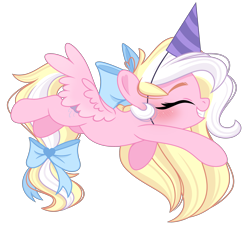 Size: 2732x2499 | Tagged: safe, alternate version, artist:emberslament, oc, oc only, oc:bay breeze, pegasus, pony, bow, cute, eyes closed, female, flying, hair bow, hat, high res, mare, party hat, pegasus oc, simple background, solo, transparent background