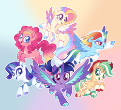 Size: 2462x2237 | Tagged: safe, artist:glowfangs, applejack, fluttershy, pinkie pie, rainbow dash, rarity, twilight sparkle, alicorn, pony, g4, abstract background, applejack's hat, coat markings, colored hooves, colored horn, colored wings, colored wingtips, cowboy hat, cowprint, flying, gradient background, gradient hooves, gradient mane, gradient wings, hat, high res, horn, jumping, mane six, pegasus wings, recolor, redesign, socks (coat markings), spread wings, tail, twilight sparkle (alicorn), two toned mane, two toned tail, two toned wings, unshorn fetlocks, wings