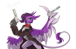 Size: 4200x2706 | Tagged: safe, artist:greenmaneheart, oc, oc only, oc:gavra, griffon, armor, clothes, eye clipping through hair, eyebrows, eyebrows visible through hair, female, griffon oc, gun, handgun, high res, looking at you, open mouth, open smile, pistol, simple background, smiling, smiling at you, solo, transparent background, wing hands, wings