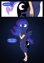 Size: 1613x2285 | Tagged: safe, artist:redpaladin, princess luna, alicorn, human, pony, g4, female, hip, human to pony, male to female, mare, mid-transformation, moonbutt, rule 63, transformation, transgender transformation