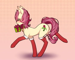 Size: 1500x1200 | Tagged: safe, artist:takic, roseluck, earth pony, pony, g4, blushing, butt, christmas, christmas gift, christmas stocking, clothes, collar, commission, commissioner:doom9454, cute, eyes closed, female, full body, holiday, mare, mouth hold, pet tag, plot, pony pet, rosebutt, rosepet, side view, simple background, socks, solo, walking