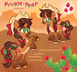 Size: 2048x1904 | Tagged: safe, artist:alexbeeza, applejack, oc, oc:prickle pear, earth pony, pony, g4, alternate design, cactus, cowboy hat, earth pony oc, female, gradient hooves, hat, mare, no pupils, nopal, open mouth, open smile, rearing, redesign, smiling, solo, text, tuna fruit, unshorn fetlocks