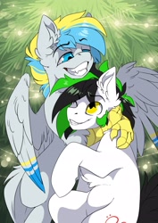 Size: 2480x3508 | Tagged: safe, artist:arctic-fox, oc, oc only, oc:cirrus sky, oc:trance sequence, earth pony, hippogriff, pony, christmas, duo, earth pony oc, high res, hippogriff oc, holiday, one eye closed, smiling