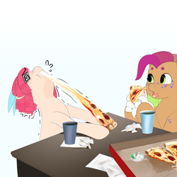 Size: 2048x2048 | Tagged: safe, artist:aztrial, oc, oc only, oc:scallops, oc:sugar poppet, dracony, dragon, earth pony, hybrid, pony, duo, earth pony oc, eating, food, high res, interspecies offspring, magical lesbian spawn, meat, offspring, parent:apple bloom, parent:diamond tiara, parent:scootaloo, parent:spike, parents:diamondbloom, parents:scootaspike, pepperoni, pepperoni pizza, pizza, simple background, swirly eyes, white background