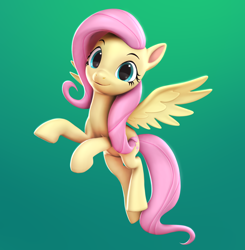 Size: 1650x1687 | Tagged: safe, artist:luminousdazzle, derpibooru exclusive, edit, fluttershy, pegasus, pony, g4, 3d, 3d model, cute, female, flying, gradient background, looking at you, mare, shyabetes, smiling, solo, source filmmaker