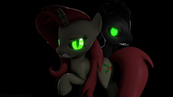 Size: 3840x2160 | Tagged: safe, artist:fireemerald123, oc, oc only, oc:holly berry, oc:smokey, pony, unicorn, 3d, black background, duo, glowing, glowing eyes, high res, sharp teeth, simple background, source filmmaker, teeth, void entity, watermark