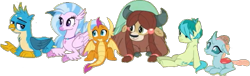 Size: 637x194 | Tagged: safe, edit, edited screencap, editor:pascalmulokozi2, screencap, gallus, ocellus, sandbar, silverstream, smolder, yona, changedling, changeling, classical hippogriff, dragon, earth pony, griffon, hippogriff, pony, yak, g4, school daze, background removed, cloven hooves, colored hooves, dragoness, female, jewelry, lying down, male, mare, necklace, not a vector, prone, simple background, sitting, student six, teenager, transparent background