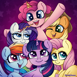 Size: 2000x2000 | Tagged: safe, artist:madelinne, applejack, fluttershy, pinkie pie, rainbow dash, rarity, twilight sparkle, alicorn, earth pony, pegasus, pony, unicorn, g4, applejack's hat, cowboy hat, crying, eyeshadow, female, group, hat, high res, horn, makeup, mane six, mare, one eye closed, open mouth, open smile, party horn, sextet, smiling, spread wings, tears of joy, twilight sparkle (alicorn), wings