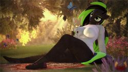 Size: 7680x4320 | Tagged: safe, artist:loveslove, oc, oc only, oc:toxic star, butterfly, anthro, plantigrade anthro, 3d, absurd file size, absurd resolution, blurry background, breasts, busty oc, carpet, clothes, coffee, coffee cup, cup, denim, female, flower, forest, jeans, looking at someone, nail polish, outdoors, pants, shirt, shoes, smiling, solo, tail, tree