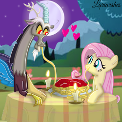 Size: 1300x1300 | Tagged: safe, artist:mlplary6, discord, fluttershy, draconequus, pegasus, pony, g4, candle, duo, duo male and female, eating, eye contact, female, food, heart, lady and the tramp, looking at each other, looking at someone, love, male, mare, mismatched wings, moon, pasta, ship:discoshy, shipping, signature, smiling, smiling at each other, spaghetti, spread wings, straight, wings