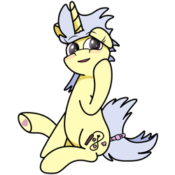 Size: 1200x1200 | Tagged: safe, artist:jaminbread, oc, oc only, oc:fighttwomagic, pony, unicorn, 2023 community collab, derpibooru community collaboration, blushing, floppy ears, horn, looking away, simple background, sitting, solo, transparent background, unicorn oc