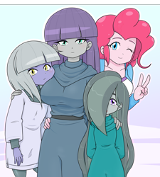 Size: 2180x2423 | Tagged: safe, artist:batipin, limestone pie, marble pie, maud pie, pinkie pie, human, equestria girls, g4, breasts, busty maud pie, clothes, equestria girls-ified, eye clipping through hair, eyebrows, eyebrows visible through hair, family, family photo, female, hair over one eye, hands behind back, high res, one eye closed, peace sign, pie sisters, siblings, sisters, wink