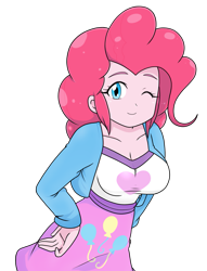 Size: 1349x1762 | Tagged: safe, artist:batipin, part of a set, pinkie pie, human, equestria girls, g4, breasts, busty pinkie pie, female, one eye closed, simple background, solo, transparent background