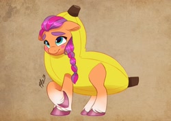 Size: 2048x1448 | Tagged: safe, artist:haruh_ink, sunny starscout, earth pony, pony, g5, my bananas, my little pony: tell your tale, spoiler:g5, spoiler:my little pony: tell your tale, spoiler:tyts01e21, banana, banana costume, blushing, braid, braided ponytail, clothes, costume, cute, female, floppy ears, food, food costume, mare, ponytail, solo, sunnybetes, unshorn fetlocks