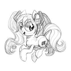 Size: 1280x1280 | Tagged: safe, artist:talonsofwater, kotobukiya, earth pony, pony, anime, female, hatsune miku, headphones, kotobukiya hatsune miku pony, looking at you, mare, monochrome, open mouth, open smile, ponified, simple background, sketch, smiling, solo, vocaloid, white background