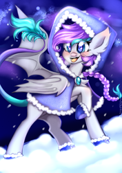Size: 2480x3508 | Tagged: safe, artist:pozya1007, oc, oc only, bat pony, pony, blushing, braid, breath, cloak, clothes, cold, happy, happy new year, high res, holiday, hood, leonine tail, open mouth, open smile, shoes, smiling, snow, solo, spread wings, tail, wings, winter