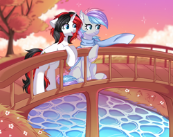 Size: 1222x970 | Tagged: safe, artist:freyamilk, oc, oc only, oc:dreamyway skies, oc:starforce fireline, bat pony, pony, unicorn, autumn, bat pony oc, bat wings, bipedal, bridge, chest fluff, clothes, cloud, ear fluff, ear tufts, eyelashes, fangs, female, flower, happy, horn, looking at something, mare, nature, oc x oc, open mouth, open smile, outdoors, relaxing, river, scarf, shipping, sitting, sky, smiling, sparkles, standing, tree, unicorn oc, water, wings