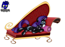 Size: 4154x3000 | Tagged: safe, alternate version, artist:damlanil, rarity, pony, unicorn, g4, bedroom eyes, bodysuit, clothes, collar, couch, cute, eyeshadow, fainting couch, female, grin, horn, latex, latex suit, looking at you, lying down, makeup, mare, pillow, raribetes, rubber, shiny, show accurate, simple background, smiling, solo, suit, transparent background, underhoof, vector
