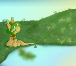 Size: 1774x1533 | Tagged: safe, artist:pagophasia, derpibooru exclusive, oc, oc only, oc:hortis culture, hybrid, pony, collar, day, ear tufts, eyes closed, full body, glasses, grass, hill, horns, leaf, lying down, nonbinary, pond, ponyloaf, prone, reflection, relaxing, round glasses, smiling, solo, sunbathing, sunrise, water, wings