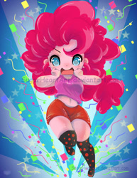 Size: 600x777 | Tagged: safe, artist:sugarheartart, pinkie pie, human, equestria girls, g4, anime, belly button, chibi, clothes, confetti, female, hands on cheeks, looking at you, midriff, obtrusive watermark, shorts, solo, watermark, wide hips