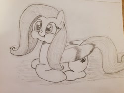 Size: 1280x968 | Tagged: safe, artist:raritymylove, fluttershy, pony, g4, cute, holding breath, lying down, ponyloaf, prone, puffy cheeks, shyabetes, solo, traditional art