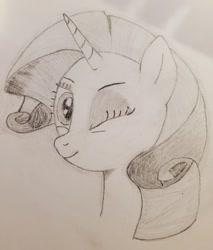 Size: 1088x1280 | Tagged: safe, artist:raritymylove, rarity, pony, g4, looking at you, one eye closed, solo, traditional art, wink, winking at you