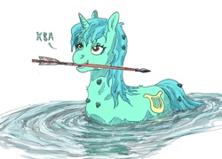 Size: 892x642 | Tagged: safe, artist:adeptus-monitus, lyra heartstrings, pony, unicorn, g4, arrow, behaving like a frog, burdock, burrs, cyrillic, female, mare, mouth hold, russian, russian literature, simple background, solo, the frog princess, translated in the comments, water, white background