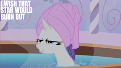 Size: 1280x720 | Tagged: safe, edit, edited screencap, editor:quoterific, screencap, rarity, pony, unicorn, g4, green isn't your color, annoyed, bubble, female, gritted teeth, irritated, mare, rarity is not amused, solo, spa, teeth, towel, towel on head, unamused