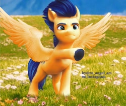 Size: 1745x1473 | Tagged: safe, artist:ilostangel, edit, edited screencap, screencap, flash sentry, pegasus, pony, g4, g5, my little pony: a new generation, angry, flash sentry is not amused, flower, flower field, frown, g4 to g5, generation leap, hoof heart, male, pointing, solo, spread wings, stallion, standing, unamused, underhoof, wings