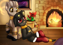 Size: 3496x2480 | Tagged: safe, artist:appleneedle, oc, oc:apophis, original species, pony, snake, snake pony, bell, christmas, clothes, cottage, couple, cozy, duo, egyptian, egyptian pony, fire, fireplace, flower, flower pot, friends, high res, holiday, love, poinsettia, socks