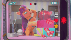Size: 520x293 | Tagged: safe, screencap, sunny starscout, earth pony, pony, g5, izzy does it, my little pony: make your mark, my little pony: make your mark chapter 2, spoiler:my little pony: make your mark, spoiler:my little pony: make your mark chapter 2, spoiler:mymc02e01, animated, blender (object), cellphone, coat markings, cute, emoji, falling, female, food, funny, giant food, giant produce, implied pipp petals, karate chop, livestream, mane stripe sunny, mare, offscreen character, phone, recording, smartphone, socks (coat markings), strawberry, sunnybetes