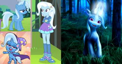 Size: 2558x1344 | Tagged: safe, artist:ilostangel, edit, edited screencap, screencap, trixie, human, pony, unicorn, equestria girls, equestria girls series, friendship gems, g4, g4.5, g5, my little pony: pony life, no second prances, bipedal, cape, clothes, crossed arms, female, g4 to g5, generation leap, grass, grass field, hat, mare, multeity, open mouth, open smile, smiling, stars, trixie's brooch, trixie's cape, trixie's hat, unshorn fetlocks