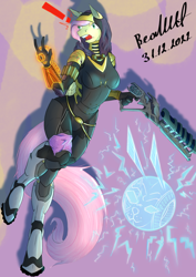 Size: 694x982 | Tagged: safe, artist:artsybeowulf, fluttershy, pegasus, anthro, unguligrade anthro, g4, armor, bodysuit, clothes, crossover, exclamation point, gun, mass effect, rifle, solo, tali'zorah vas normandy, weapon
