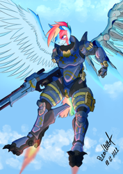 Size: 992x1403 | Tagged: safe, artist:artsybeowulf, rainbow dash, pegasus, anthro, unguligrade anthro, g4, amputee, armor, artificial wings, augmented, crossover, garrus vakarian, gun, mass effect, prosthetic limb, prosthetic wing, prosthetics, rifle, scar, solo, spread wings, torn ear, weapon, wings