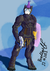 Size: 992x1403 | Tagged: safe, artist:artsybeowulf, shining armor, unicorn, anthro, unguligrade anthro, g4, armor, crossover, gun, kaidan alenko, mass effect, shield, solo, weapon