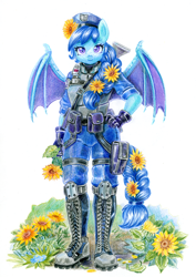 Size: 1766x2500 | Tagged: safe, artist:maytee, oc, oc only, oc:specter ace, bat pony, anthro, bat pony oc, beret, boots, braid, braided tail, clothes, cute, female, flower, freckles, garden, gloves, gun, hat, mare, military uniform, night guard, shoes, simple background, solo, sunflower, tail, traditional art, uniform, weapon, white background
