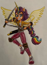 Size: 2193x3030 | Tagged: safe, artist:bozzerkazooers, sunny starscout, alicorn, human, equestria girls, g4, g5, artificial horn, artificial wings, augmented, dagger, equestria girls-ified, female, g5 to equestria girls, g5 to g4, generation leap, high res, horn, magic, magic horn, magic wings, mane stripe sunny, ponied up, race swap, solo, sunnycorn, tanto, traditional art, weapon, wings