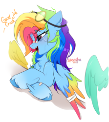 Size: 2300x2580 | Tagged: safe, artist:spoosha, rainbow dash, pegasus, pony, g4, bandaid, bandaid on nose, goggles, goggles on head, high res, implied lightning dust, implied spitfire, offscreen character, open mouth, rainbow crash, simple background, solo focus, white background